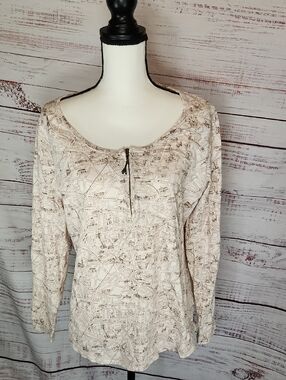 Soft Surroundings Cream and Brown Map-Print Scoop Neck Top